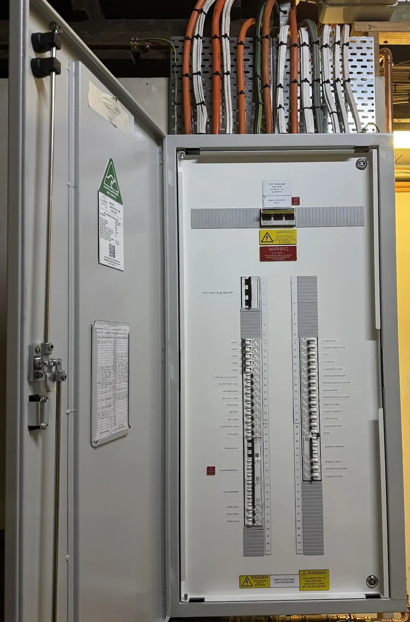 Open commercial switchboard with labelled circuit breakers