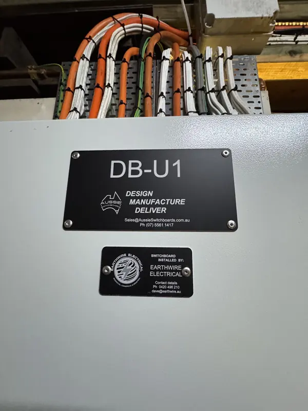 Custom-built switchboard with the Earthwire Electrical label plate